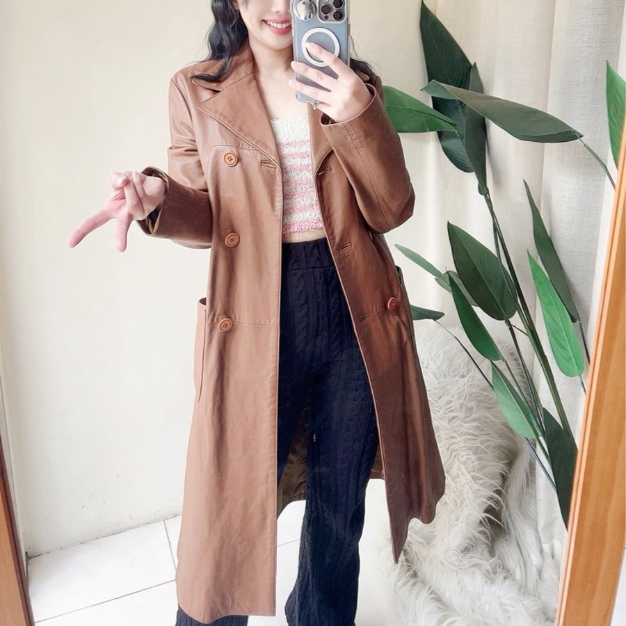 乳咖色經典俐落雙排釦 古董真皮長版風衣外套皮衣Leather jacke-2