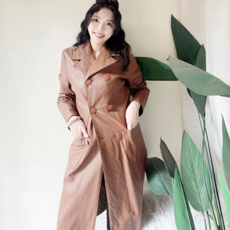 乳咖色經典俐落雙排釦 古董真皮長版風衣外套皮衣Leather jacke-3