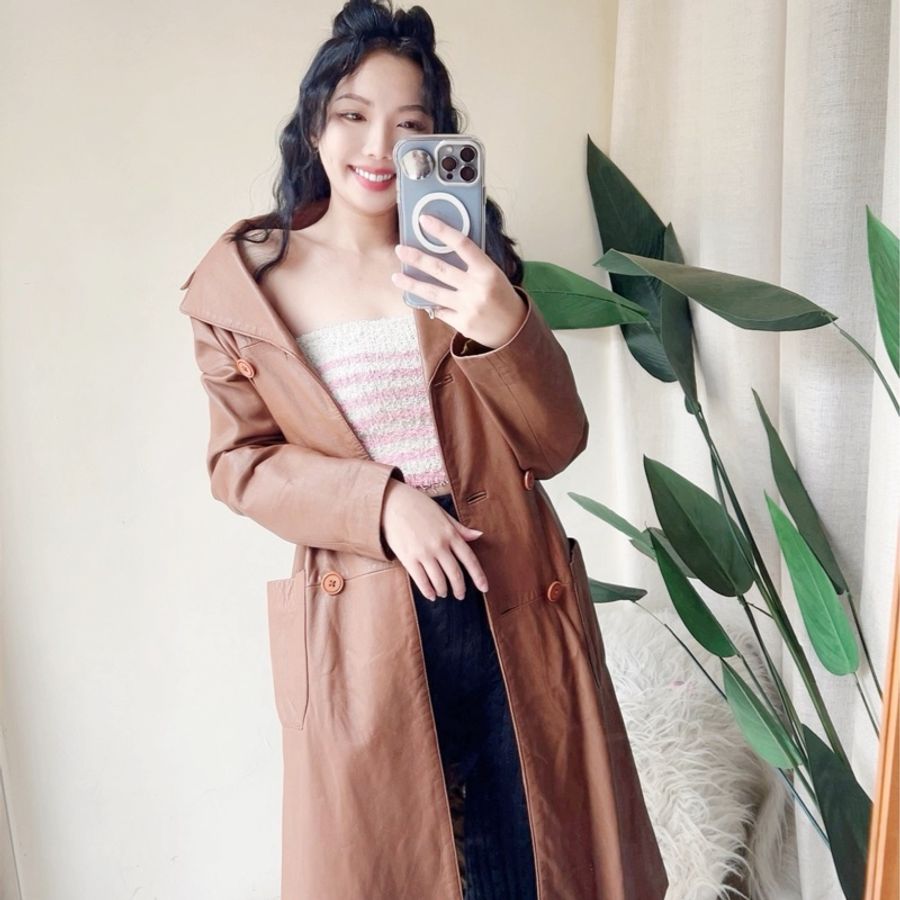 乳咖色經典俐落雙排釦 古董真皮長版風衣外套皮衣Leather jacke-4