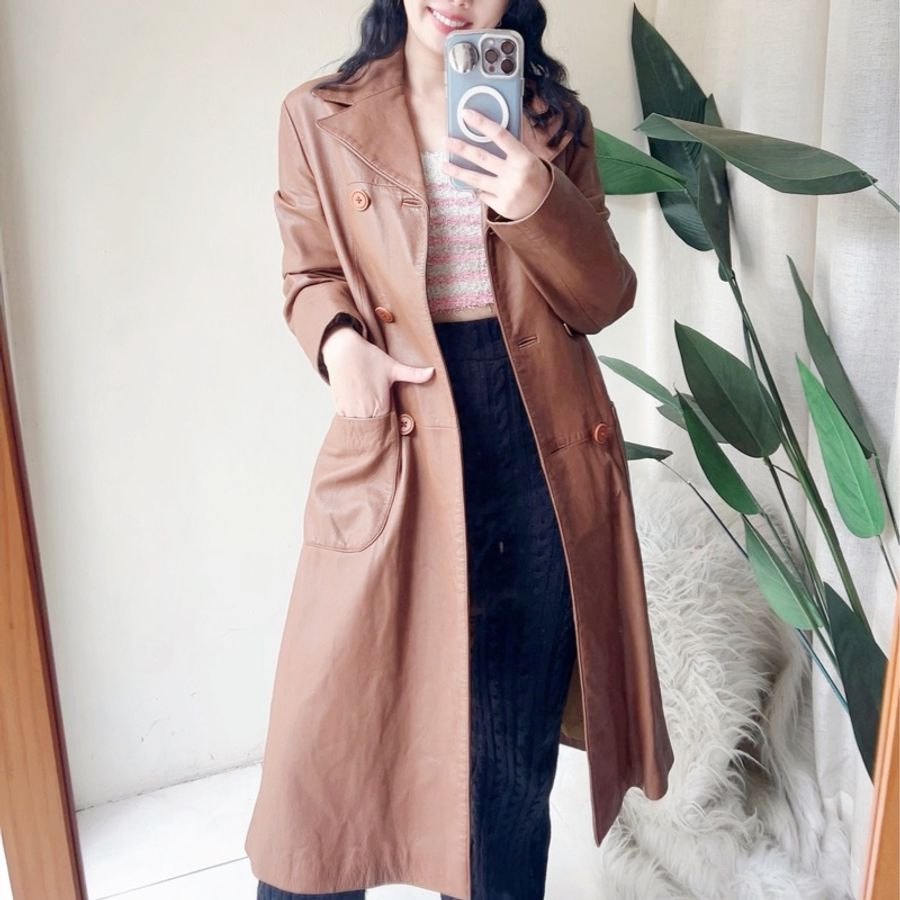 乳咖色經典俐落雙排釦 古董真皮長版風衣外套皮衣Leather jacke-5