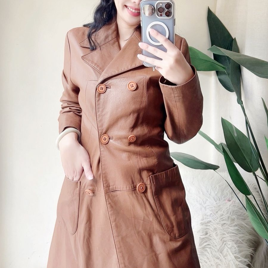 乳咖色經典俐落雙排釦 古董真皮長版風衣外套皮衣Leather jacke-6