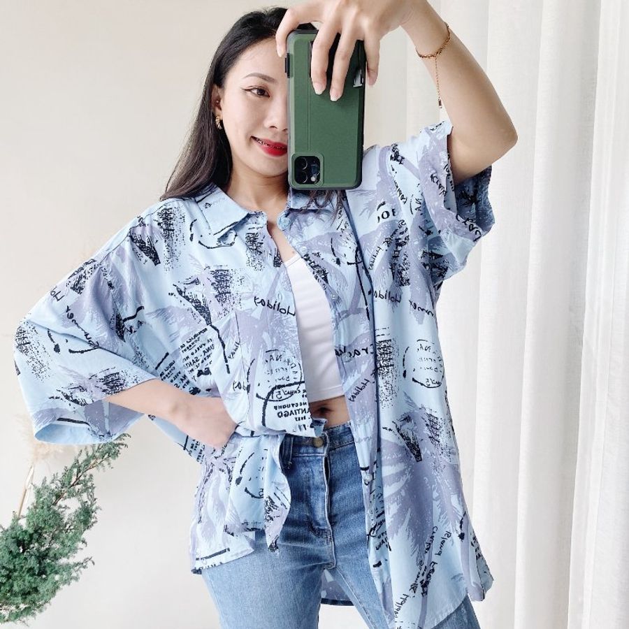 淺藍浪漫夏季樹蔭 古著絲質夏威夷襯衫上衣 vintage Aloha Shirt-0