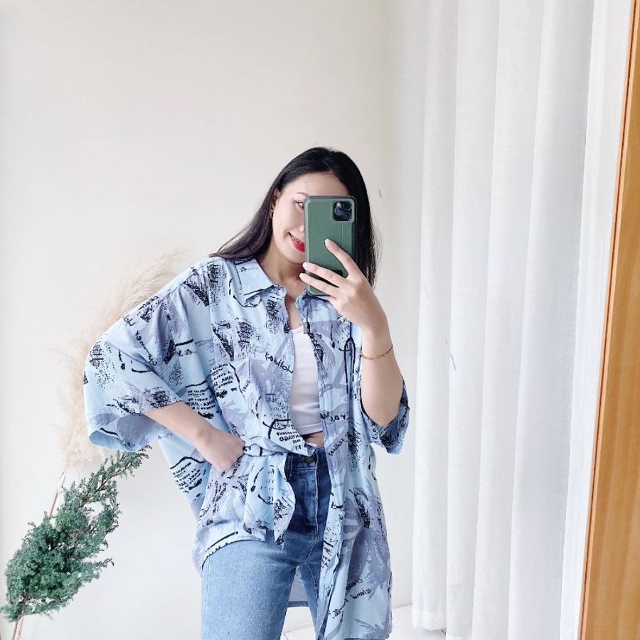 淺藍浪漫夏季樹蔭 古著絲質夏威夷襯衫上衣 vintage Aloha Shirt-1