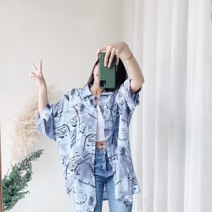 淺藍浪漫夏季樹蔭 古著絲質夏威夷襯衫上衣 vintage Aloha Shirt-2