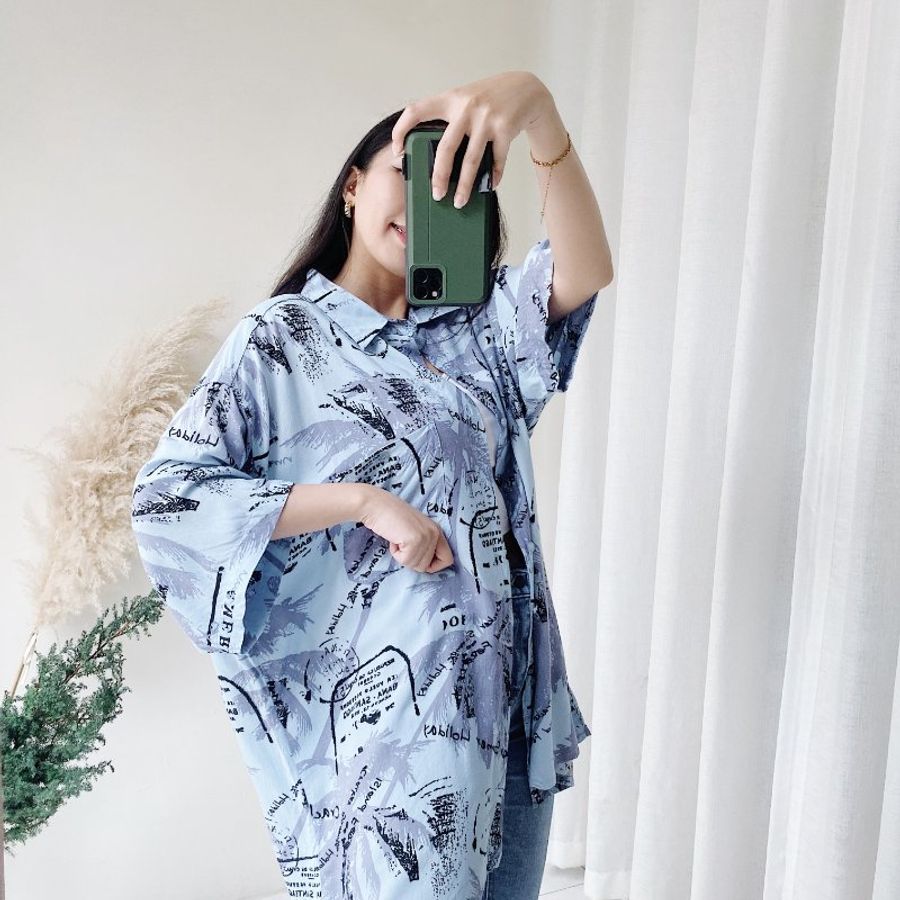 淺藍浪漫夏季樹蔭 古著絲質夏威夷襯衫上衣 vintage Aloha Shirt-4