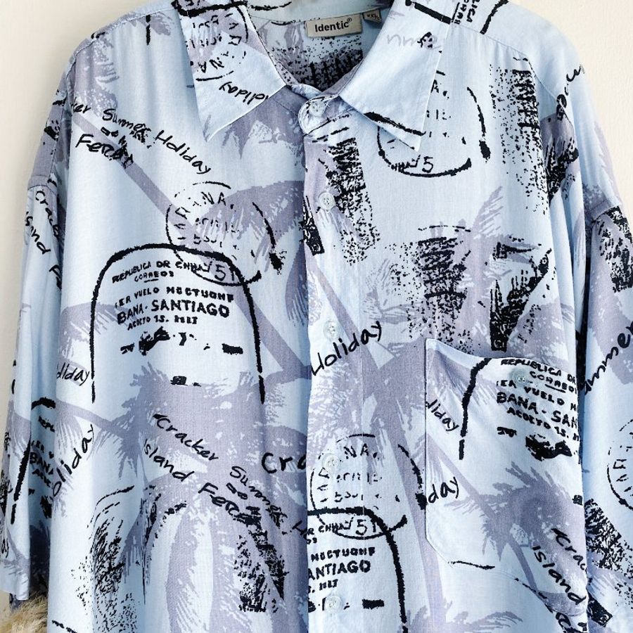 淺藍浪漫夏季樹蔭 古著絲質夏威夷襯衫上衣 vintage Aloha Shirt-8