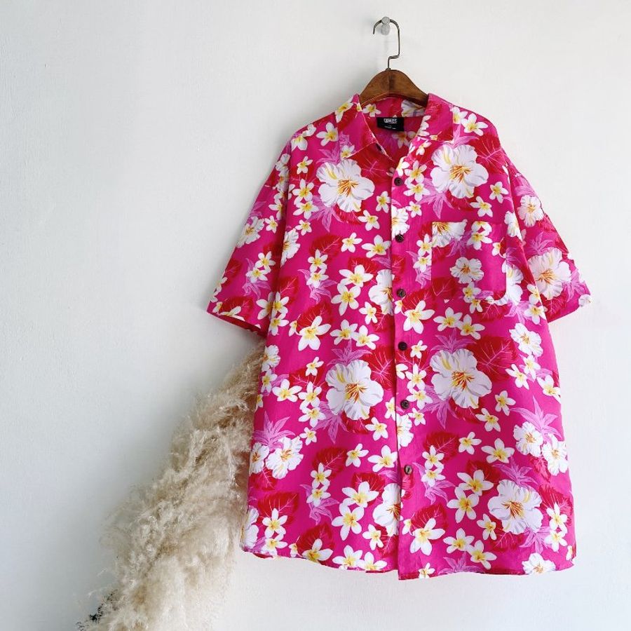 桃粉青澀戀愛春夏 古著滑布夏威夷襯衫上衣 vintage Aloha Shirt-0
