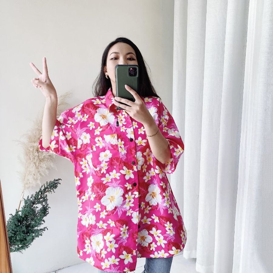 桃粉青澀戀愛春夏 古著滑布夏威夷襯衫上衣 vintage Aloha Shirt-3