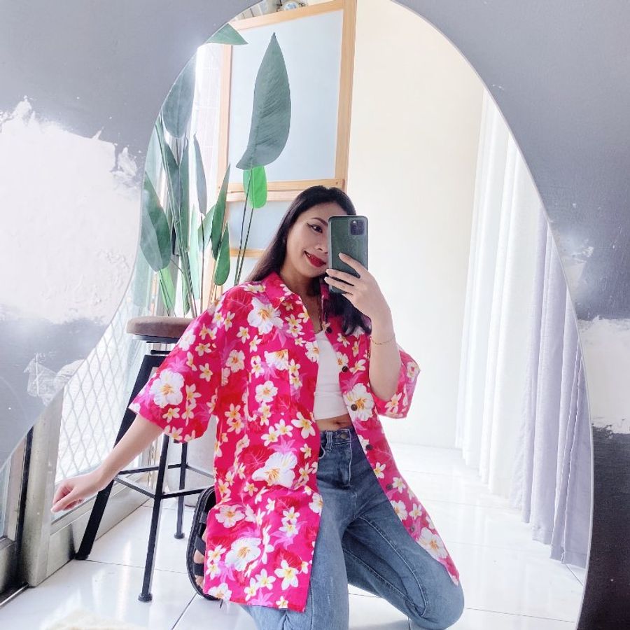 桃粉青澀戀愛春夏 古著滑布夏威夷襯衫上衣 vintage Aloha Shirt-4