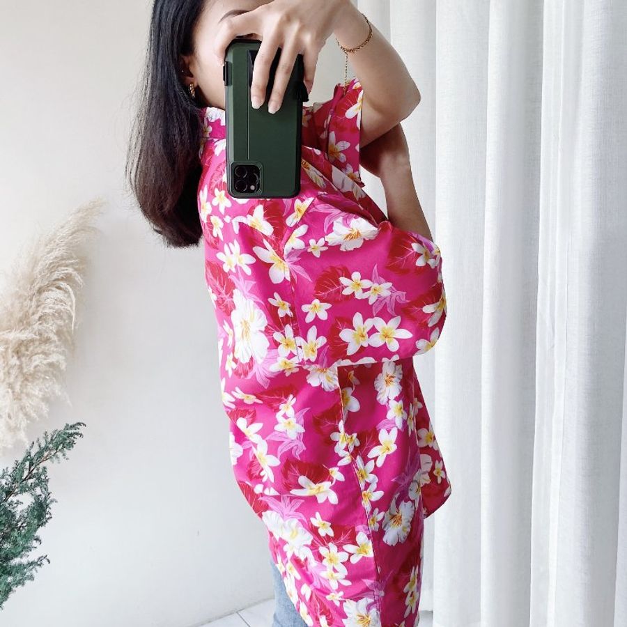 桃粉青澀戀愛春夏 古著滑布夏威夷襯衫上衣 vintage Aloha Shirt-5