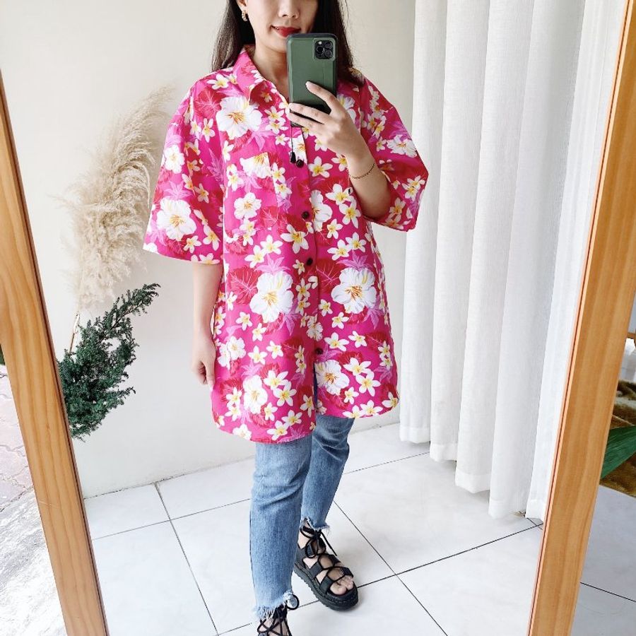 桃粉青澀戀愛春夏 古著滑布夏威夷襯衫上衣 vintage Aloha Shirt-6