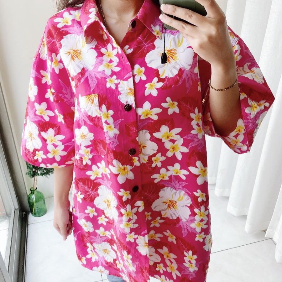 桃粉青澀戀愛春夏 古著滑布夏威夷襯衫上衣 vintage Aloha Shirt-7