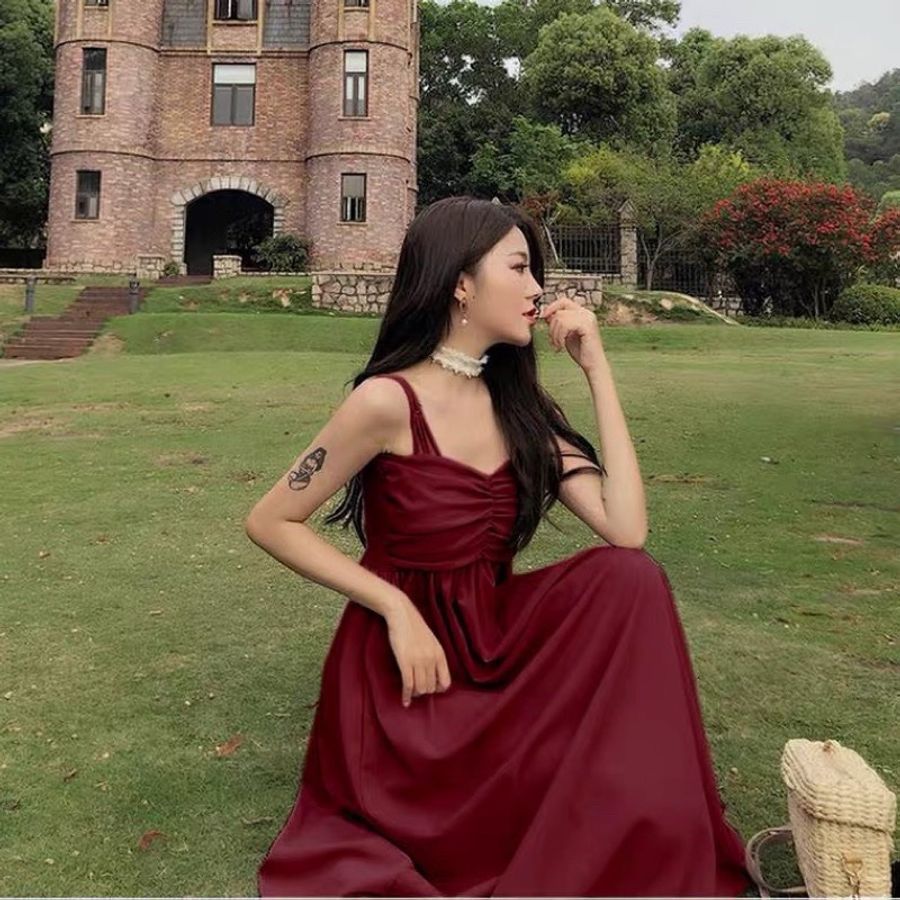 春裝女裝連衣裙女復古雙肩帶高腰抹胸百搭中長款吊帶裙-0
