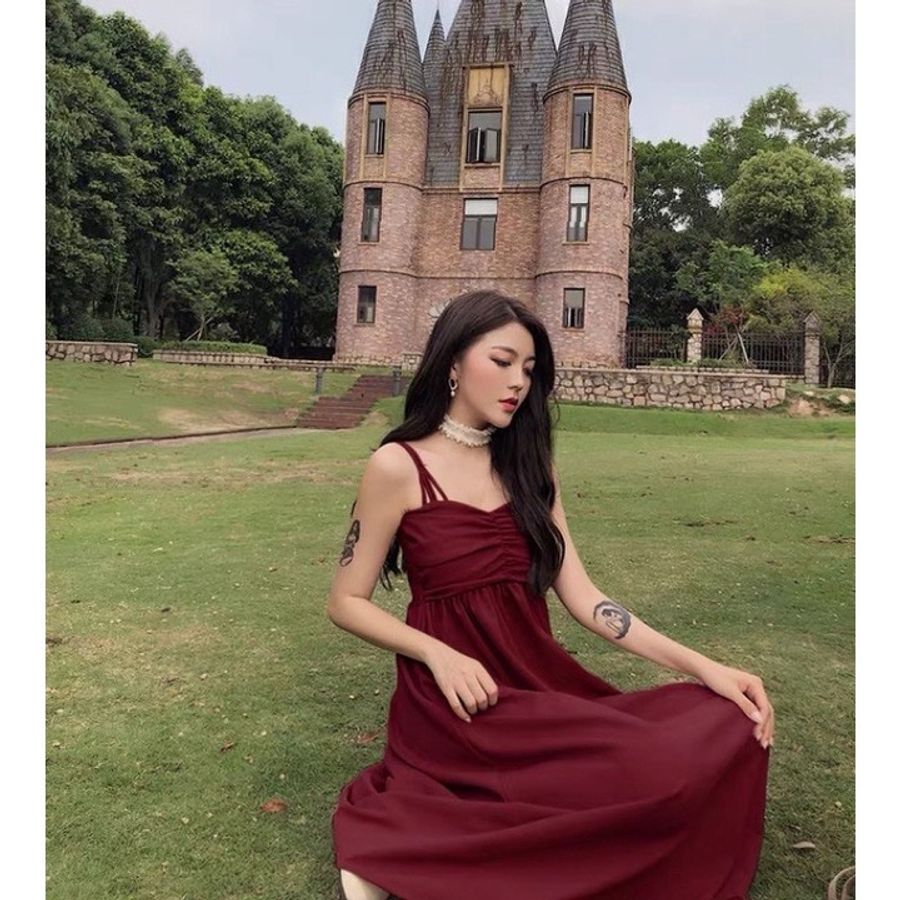 春裝女裝連衣裙女復古雙肩帶高腰抹胸百搭中長款吊帶裙-1