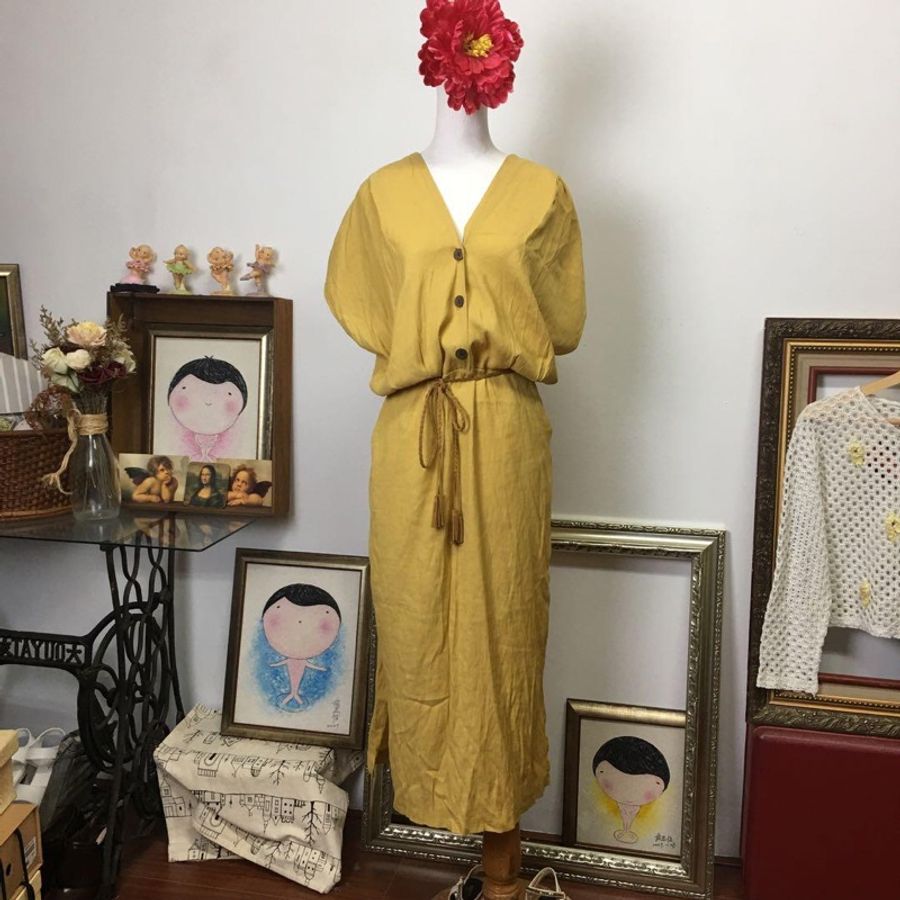 【春姍古著】MK 韓版 包袖 側開叉 長洋裝 親膚洋裝 日常穿搭-0