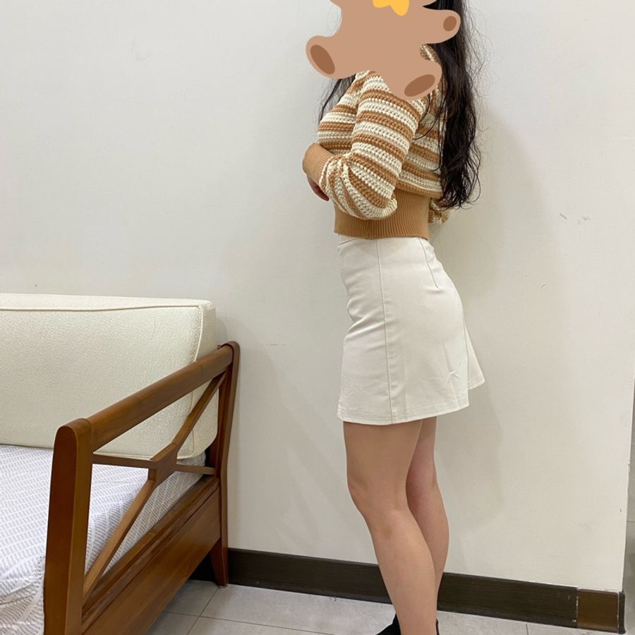 高腰皮質造型白色短裙-0