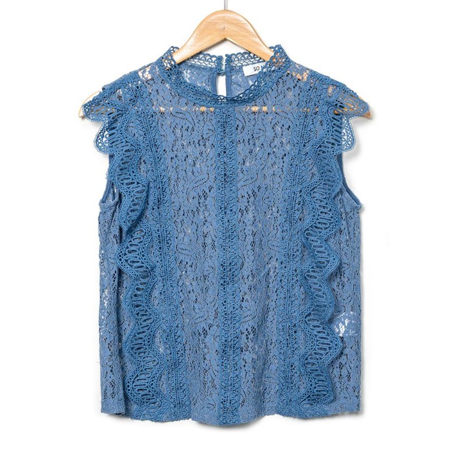 【廖婕妤私服】SO NICE 藍色簍空蕾絲透膚無袖上衣-0