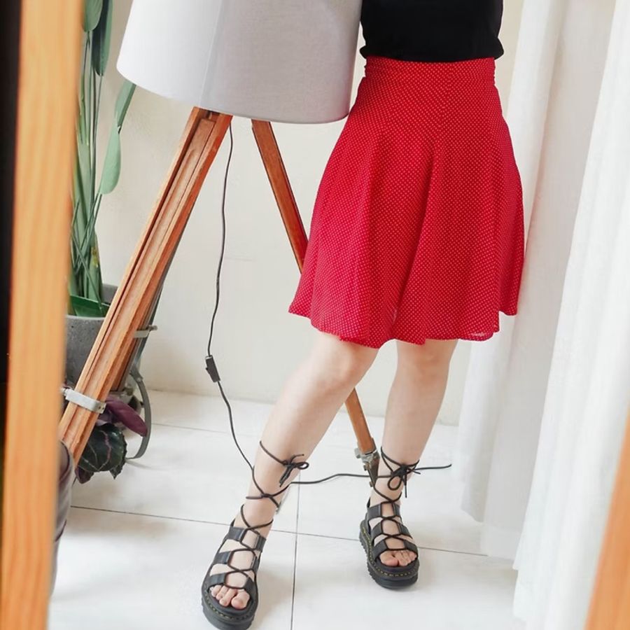 艷色純紅青春水玉小白點點 古董垂墜紡紗A字包裙 紗裙 skirt-3