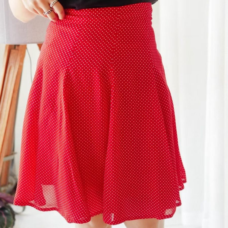 艷色純紅青春水玉小白點點 古董垂墜紡紗A字包裙 紗裙 skirt-7