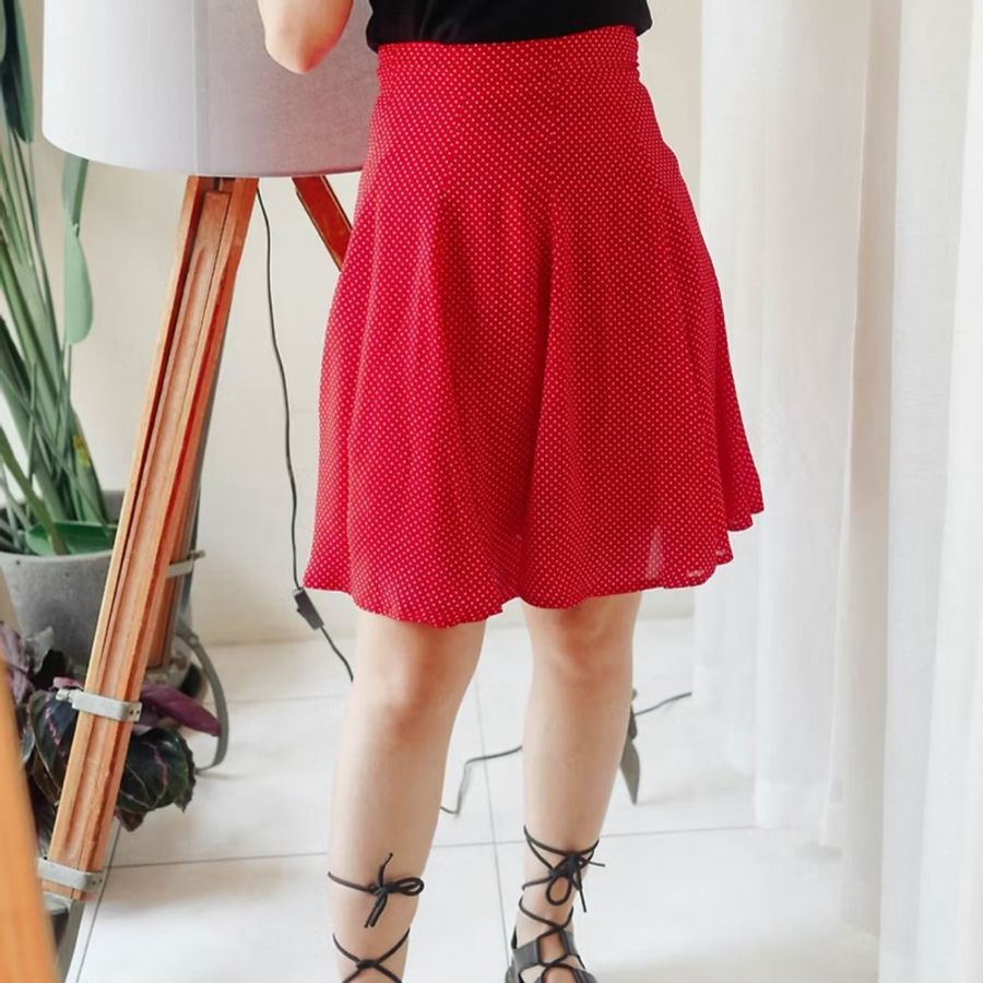 艷色純紅青春水玉小白點點 古董垂墜紡紗A字包裙 紗裙 skirt-8
