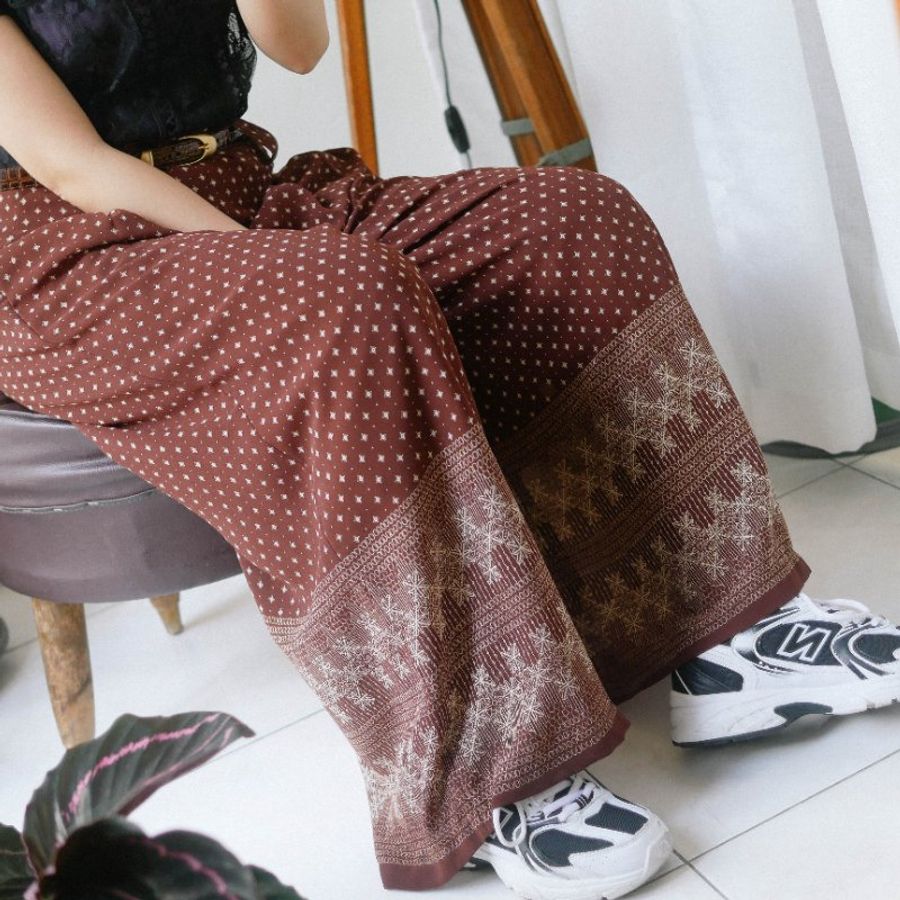 拿鐵咖啡青春圖騰大A字褲管 古董紡紗打褶長褲寬褲 pants vintage-3