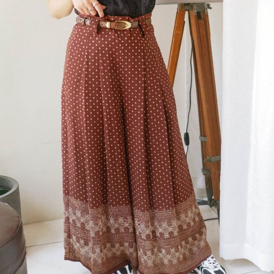 拿鐵咖啡青春圖騰大A字褲管 古董紡紗打褶長褲寬褲 pants vintage-4