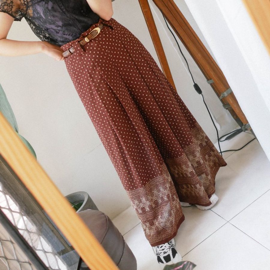 拿鐵咖啡青春圖騰大A字褲管 古董紡紗打褶長褲寬褲 pants vintage-5