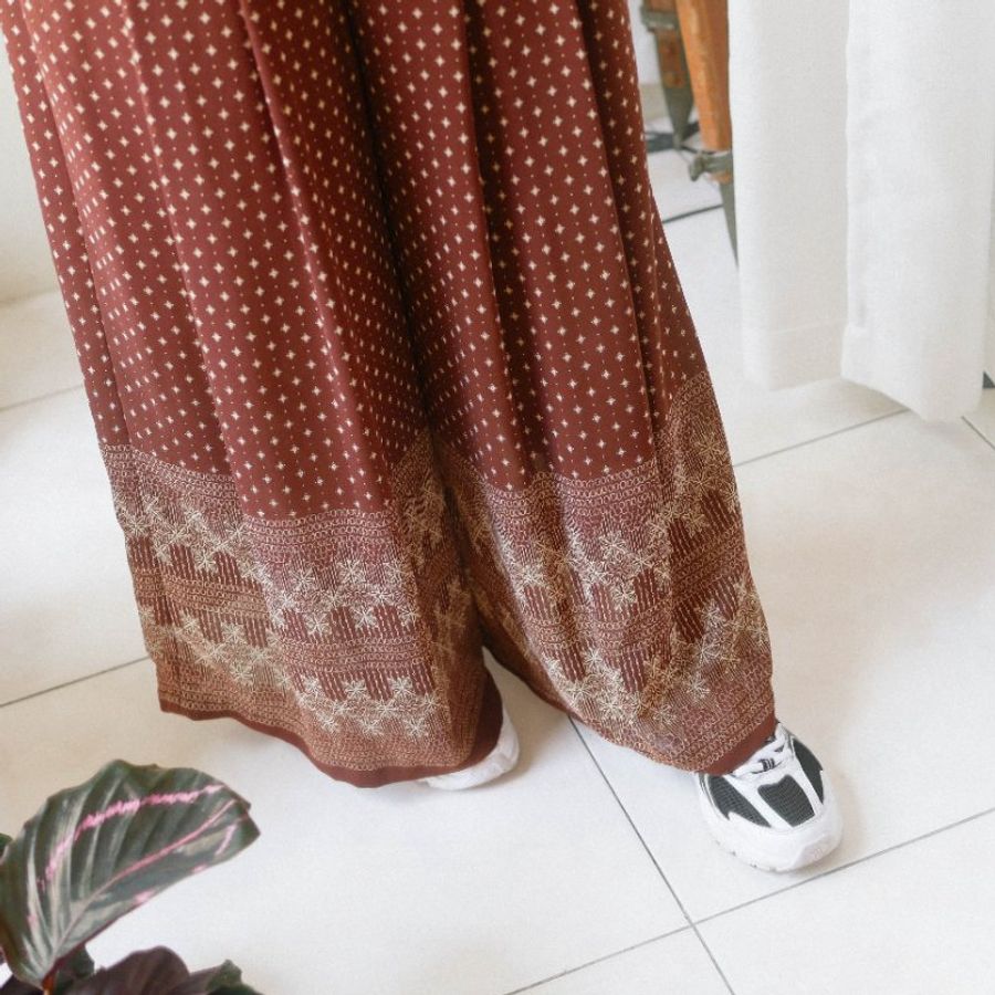 拿鐵咖啡青春圖騰大A字褲管 古董紡紗打褶長褲寬褲 pants vintage-7