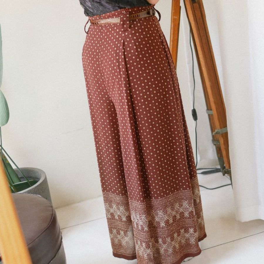 拿鐵咖啡青春圖騰大A字褲管 古董紡紗打褶長褲寬褲 pants vintage-9