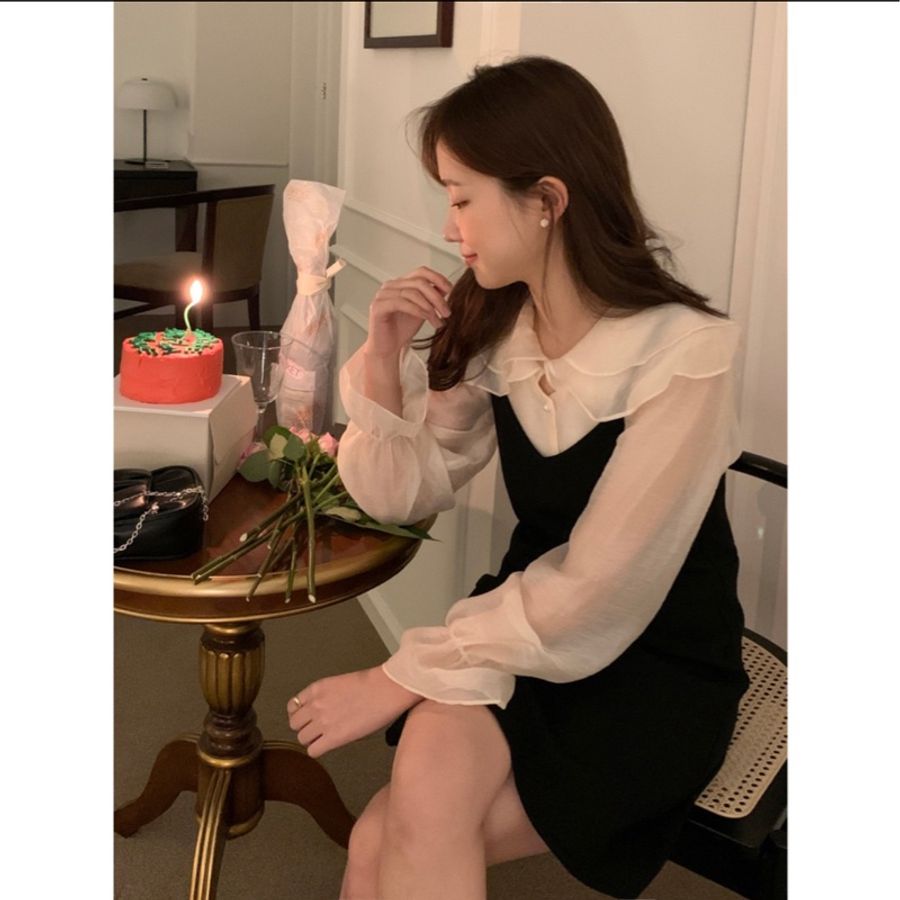 甜美大翻領網紗泡泡袖襯衫+黑色吊帶背心裙/連身裙仙女/V領/ins/顯瘦/雪紡上衣/春夏/蕾絲拼接襯衫/婚禮穿搭/白色/-0