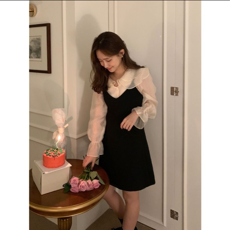 甜美大翻領網紗泡泡袖襯衫+黑色吊帶背心裙/連身裙仙女/V領/ins/顯瘦/雪紡上衣/春夏/蕾絲拼接襯衫/婚禮穿搭/白色/-4