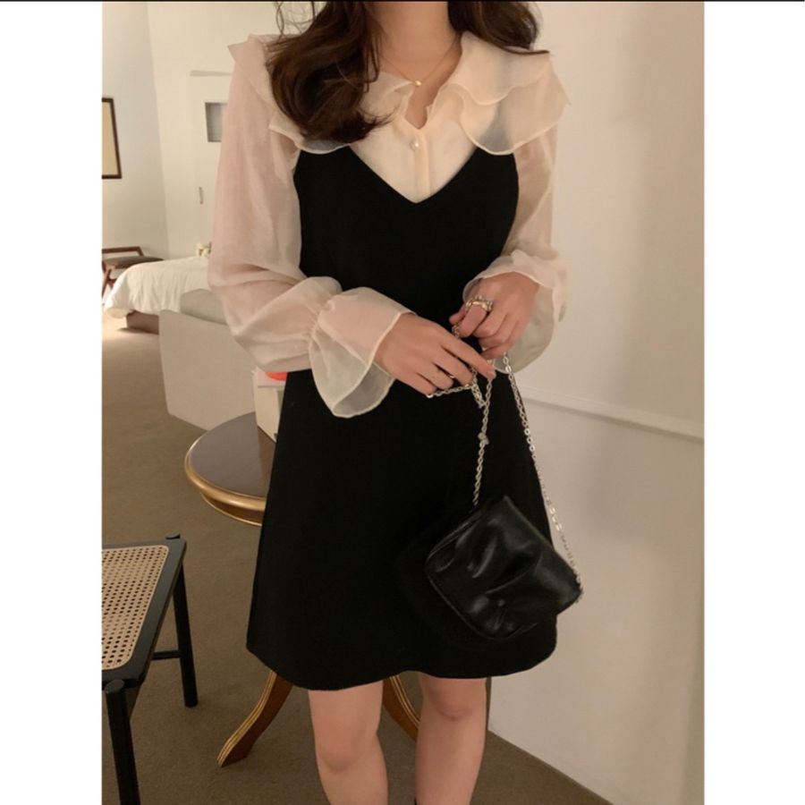 甜美大翻領網紗泡泡袖襯衫+黑色吊帶背心裙/連身裙仙女/V領/ins/顯瘦/雪紡上衣/春夏/蕾絲拼接襯衫/婚禮穿搭/白色/-9