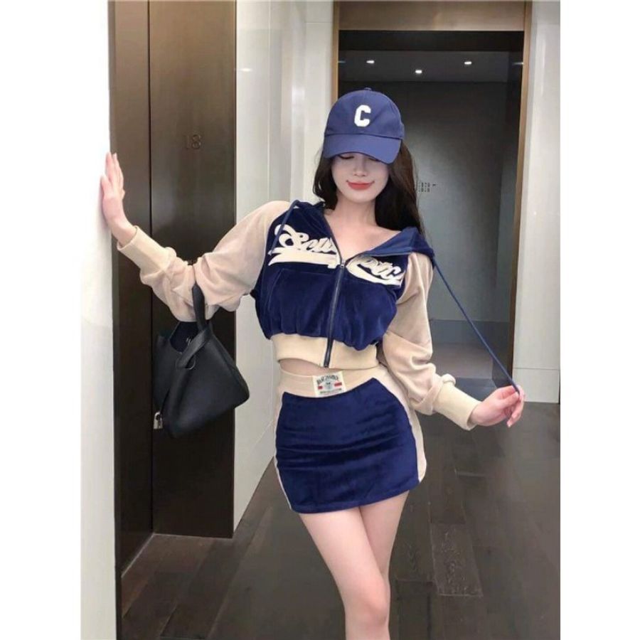 #歐美辣妹藏藍色金絲絨外套兩件式包臀裙套裝-0