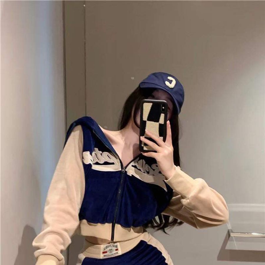 #歐美辣妹藏藍色金絲絨外套兩件式包臀裙套裝-2