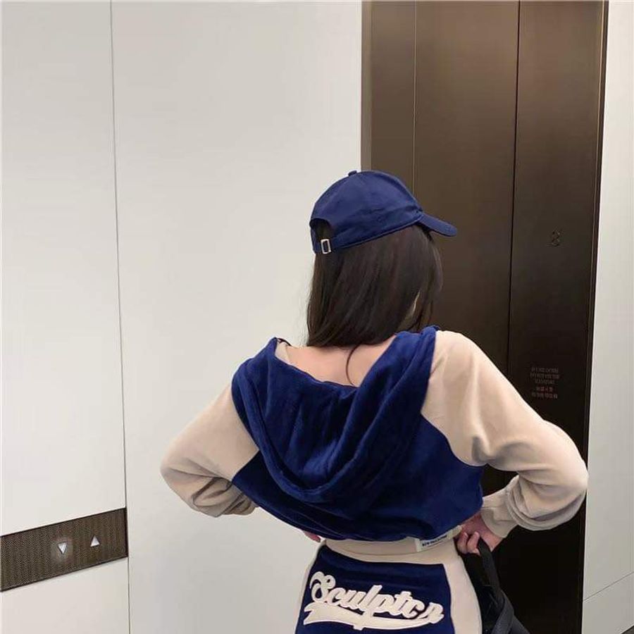 #歐美辣妹藏藍色金絲絨外套兩件式包臀裙套裝-3