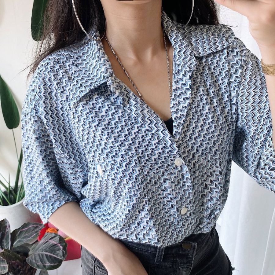 天藍立體幾何階梯戀日手札 古董紡紗質襯衫上衣 vintage shirt-0