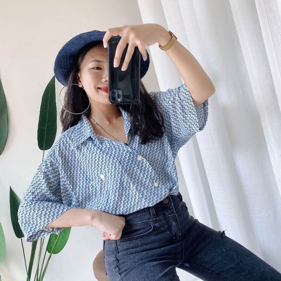 天藍立體幾何階梯戀日手札 古董紡紗質襯衫上衣 vintage shirt-1