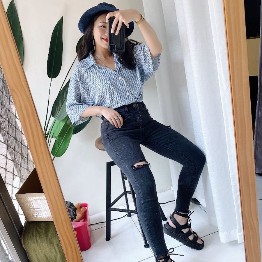 天藍立體幾何階梯戀日手札 古董紡紗質襯衫上衣 vintage shirt-2