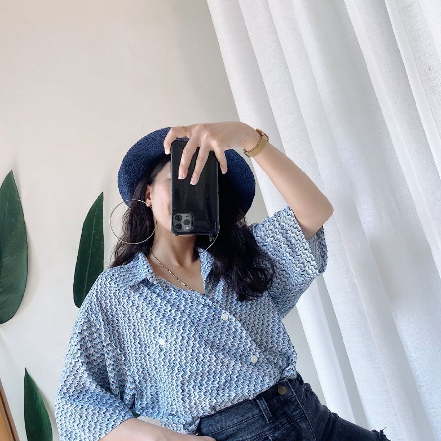 天藍立體幾何階梯戀日手札 古董紡紗質襯衫上衣 vintage shirt-3