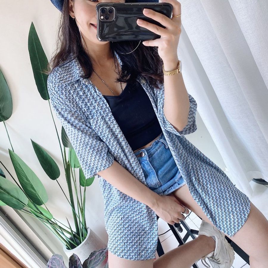 天藍立體幾何階梯戀日手札 古董紡紗質襯衫上衣 vintage shirt-6