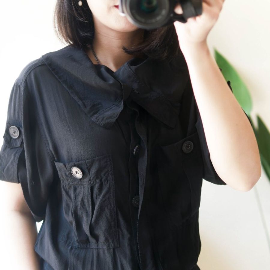 純黑造型翻領青澀俐落手札 古董絲質吊帶短褲 vintage overalls-2