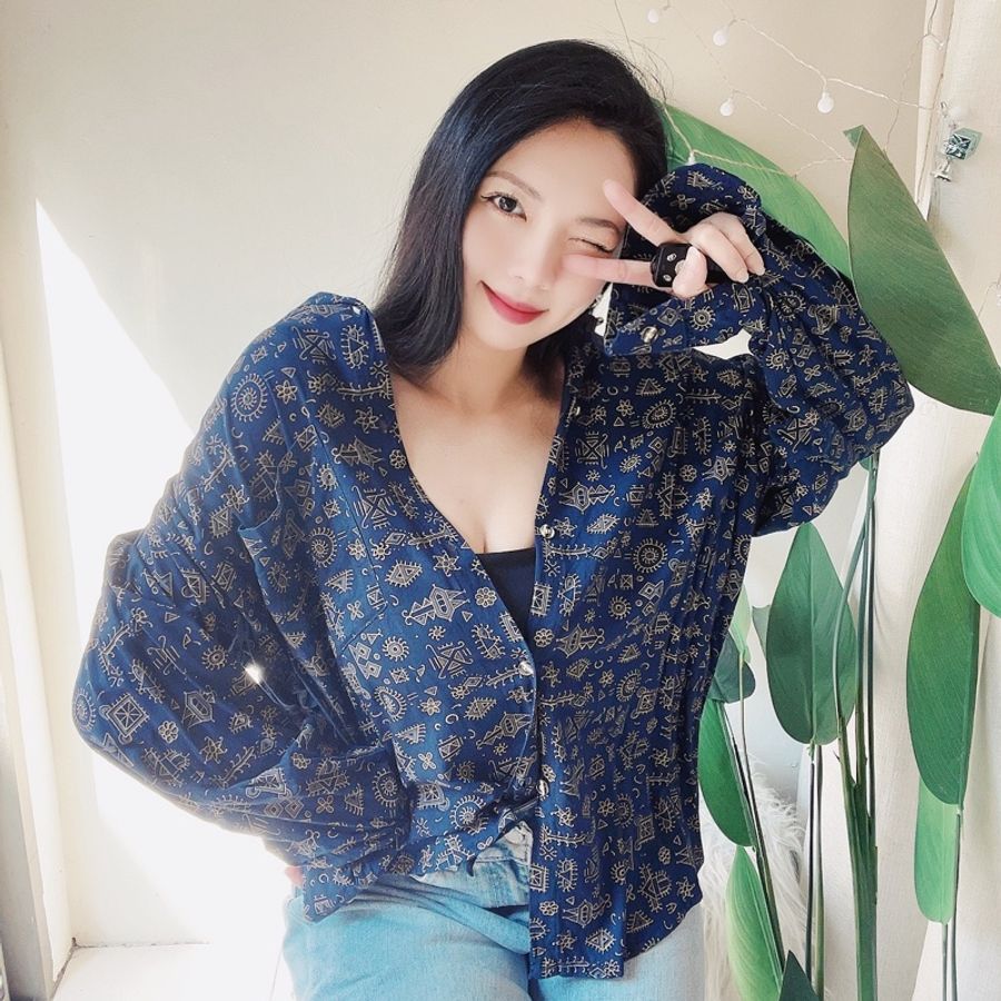 深海藍幾何童趣勾線圖騰 古董棉麻襯衫罩衫上衣 shirt vintage-0