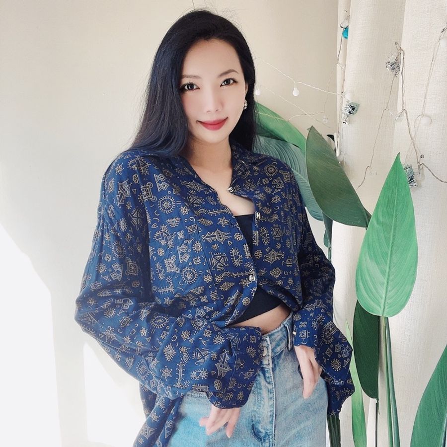 深海藍幾何童趣勾線圖騰 古董棉麻襯衫罩衫上衣 shirt vintage-1