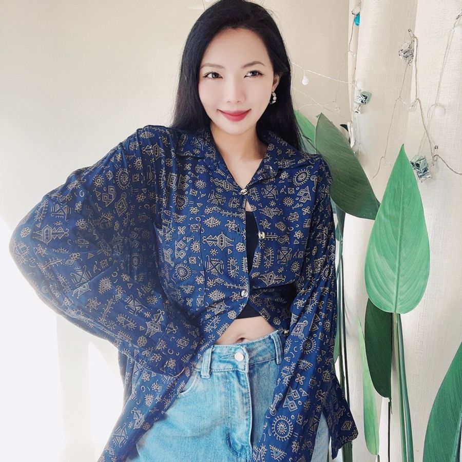 深海藍幾何童趣勾線圖騰 古董棉麻襯衫罩衫上衣 shirt vintage-2