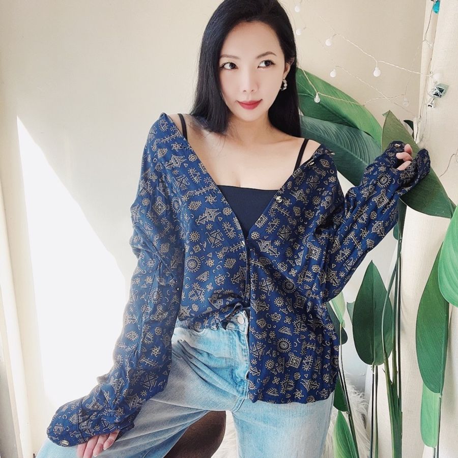深海藍幾何童趣勾線圖騰 古董棉麻襯衫罩衫上衣 shirt vintage-3