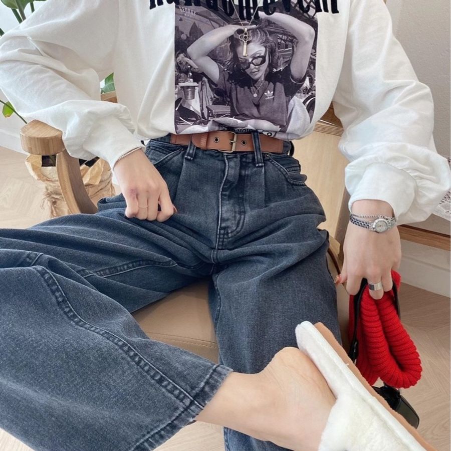 韓版復古淺黑高腰直筒牛仔寬褲 拖地褲 牛仔褲 牛仔長褲 褲子 女裝 長褲 落地褲-0
