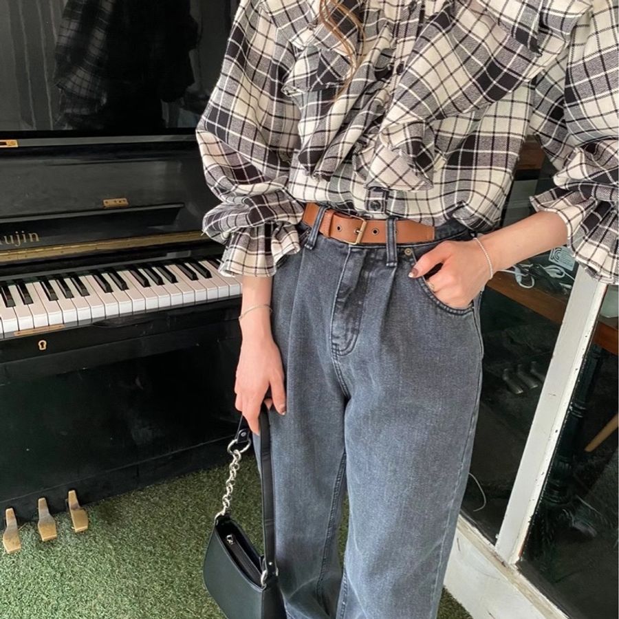 韓版復古淺黑高腰直筒牛仔寬褲 拖地褲 牛仔褲 牛仔長褲 褲子 女裝 長褲 落地褲-1