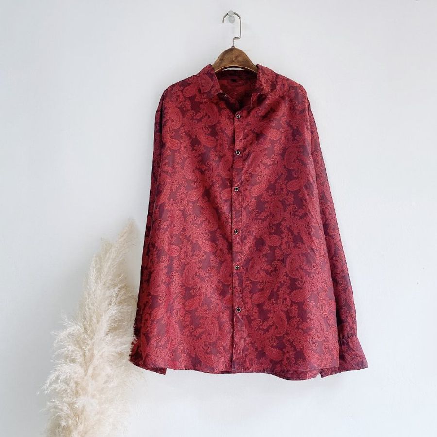 暗深紅極美滿版刺繡 古著亮面滑布襯衫上衣 vintage Shirt-7