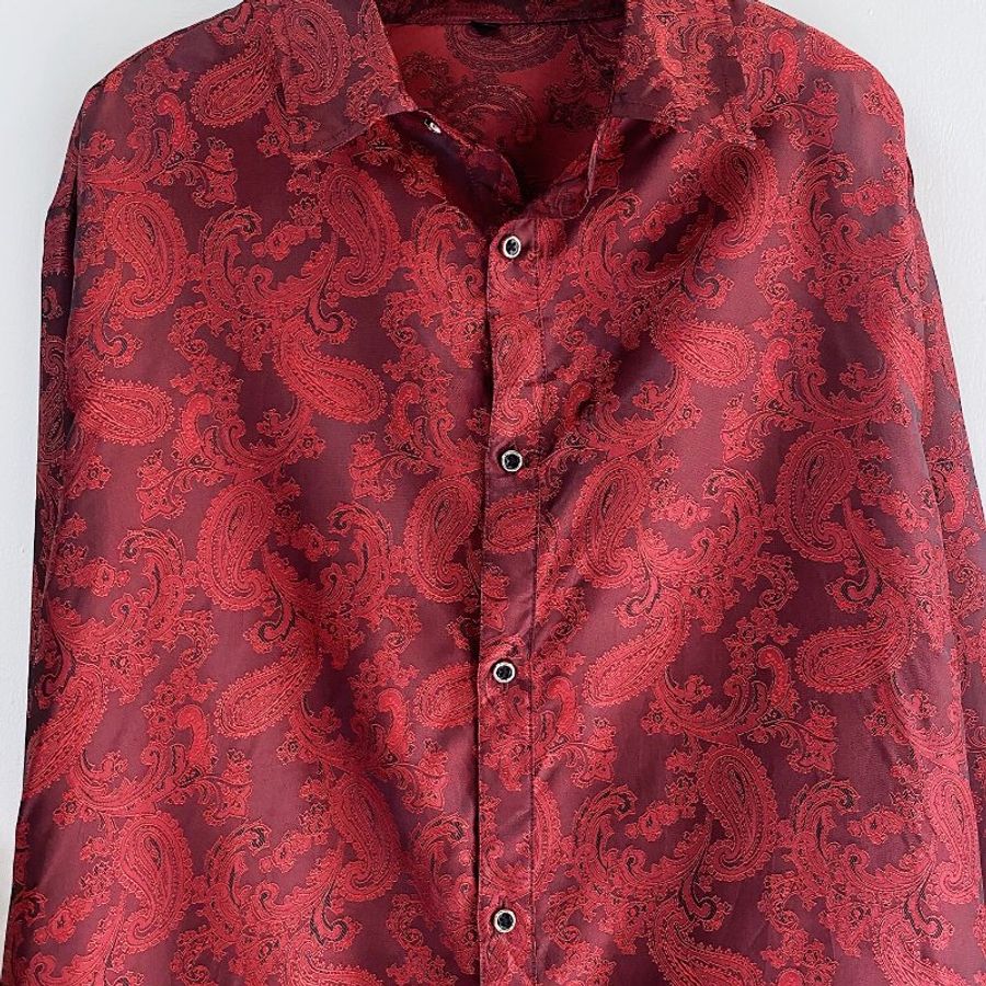 暗深紅極美滿版刺繡 古著亮面滑布襯衫上衣 vintage Shirt-8