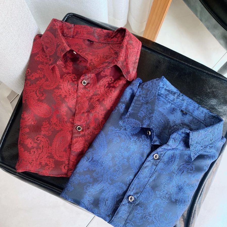 暗深紅極美滿版刺繡 古著亮面滑布襯衫上衣 vintage Shirt-11